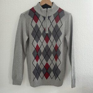 Retrofit Sweater Youth L  14/16 Gray Argyle Pullover 1/4 Zip Sherpa Lined Collar